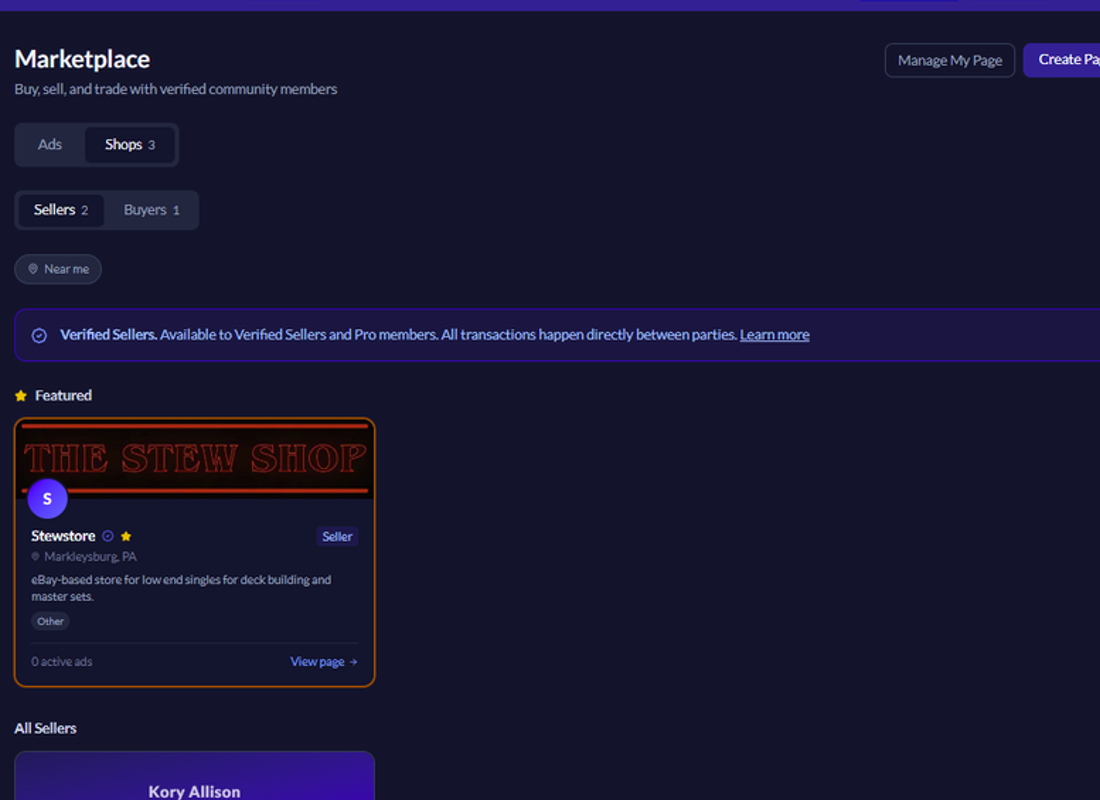 The Buyers & Sellers Marketplace page showing seller profiles and ads